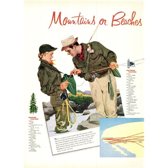 1952 American Airlines Mountains or Beaches 2pg Vintage Print Ad 50s Wall Art - Picture 2 of 4